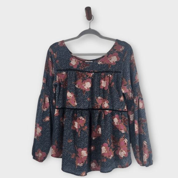 Knox Rose Gray and Pink Floral Print Peasant Blouse Size Medium Boho Floral Top - Picture 1 of 11